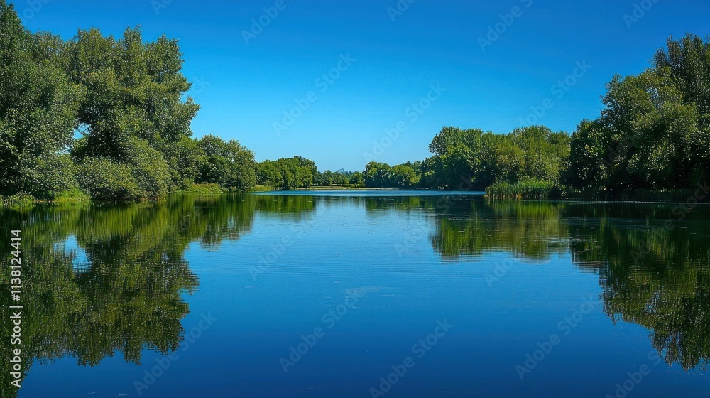 A serene freshwater lake surrounded by trees, reflecting the clear blue sky above A serene freshwater lake surrounded by trees, reflecting the clear blue sky above