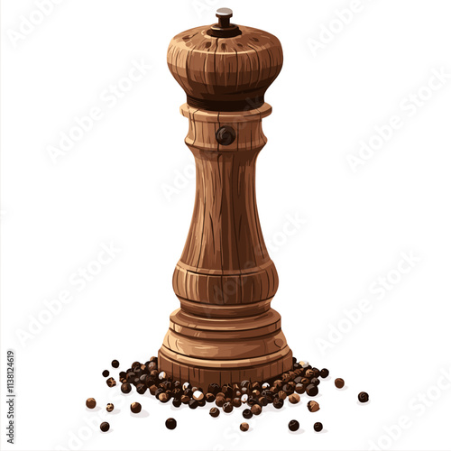Wooden pepper mill, black pepper. vector illustration on white background