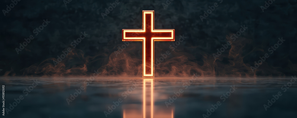 Naklejka premium Glowing cross symbolizing faith and spirituality, surrounded by mist