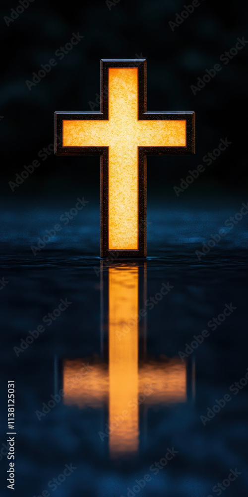 Glowing cross reflecting on dark surface, symbolizing faith and hope Glowing cross reflecting on dark surface, symbolizing faith and hope