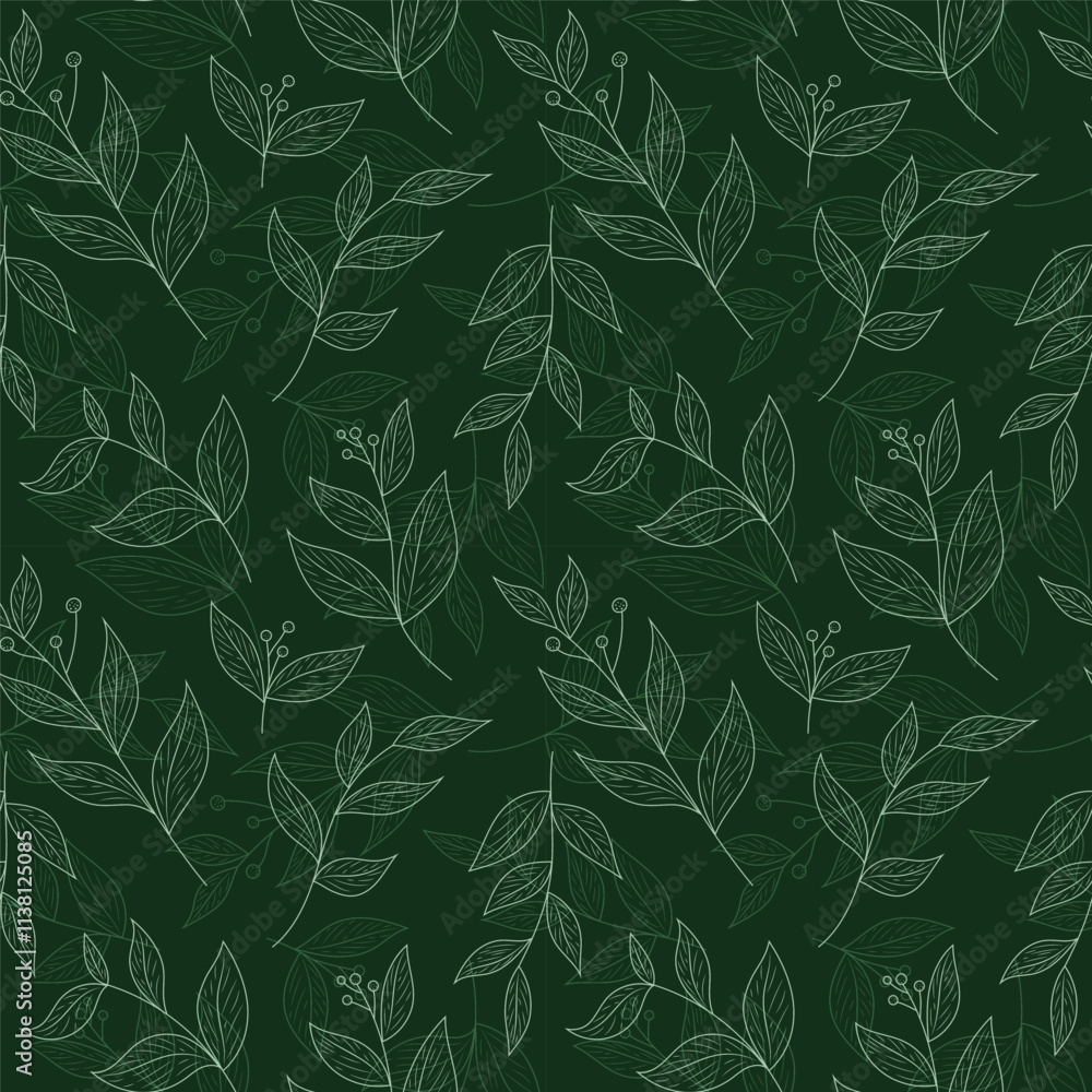 Fototapeta premium Botanical seamless vector pattern with leaves and branches in dark green colors