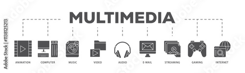 Multimedia infographic icon flow process which consists of e-mail, video, audio, internet, streaming, gaming, music, computer, animation icon live stroke and easy to edit .