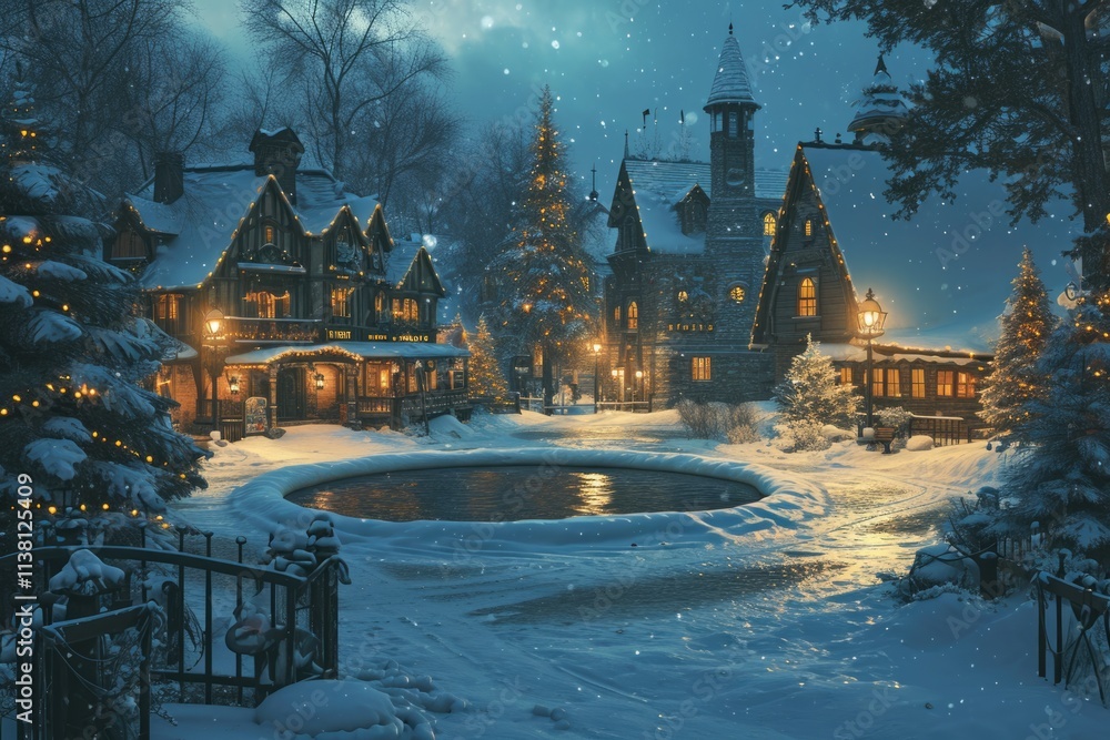 Obraz premium Classic Christmas Village: A Snowy Night's Landscape