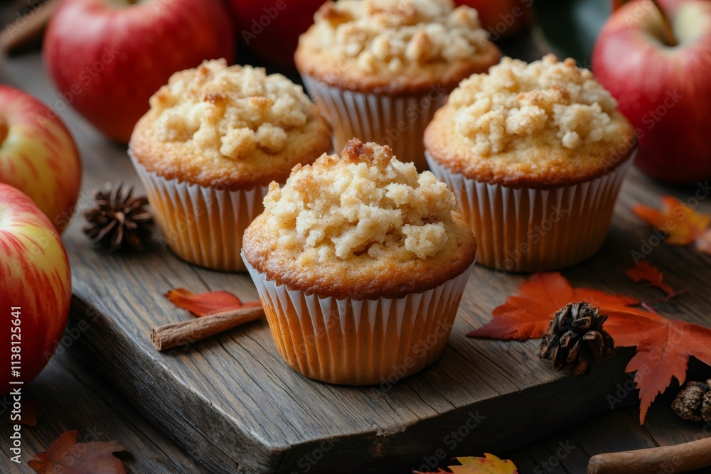 Apple crumble muffins sitting on rustic cutting board with autumn decorations Apple crumble muffins sitting on rustic cutting board with autumn decorations