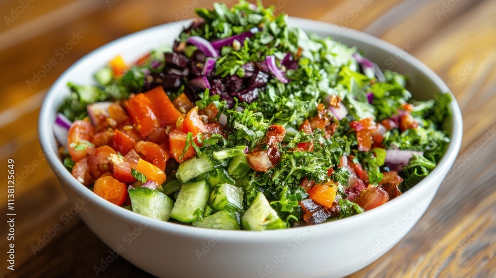 A fresh salad with vibrant green vegetables and colorful toppings in a white bowl A fresh salad with vibrant green vegetables and colorful toppings in a white bowl