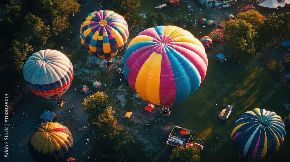 Fototapeta premium Colorful hot air balloons soaring high above a scenic green landscape during golden hour showcasing adventure and travel concepts