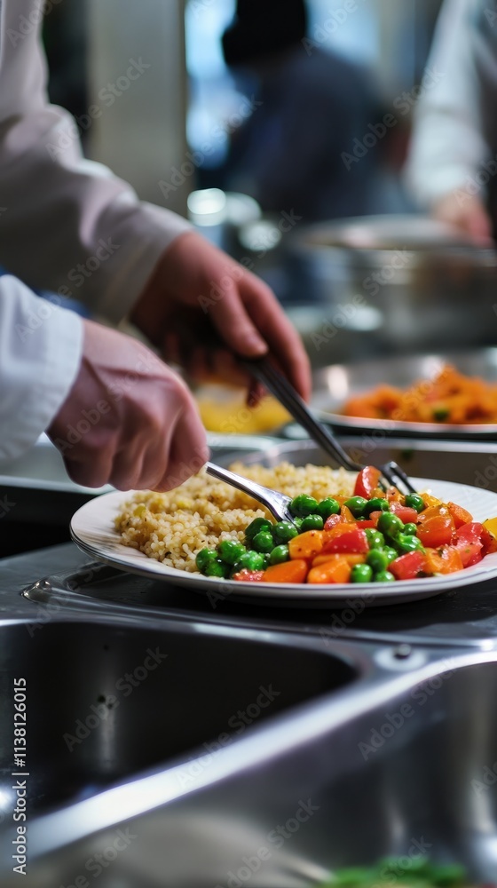 A chef plating a colorful dish with vegetables and grains in a bustling kitchen environment. A chef plating a colorful dish with vegetables and grains in a bustling kitchen environment.