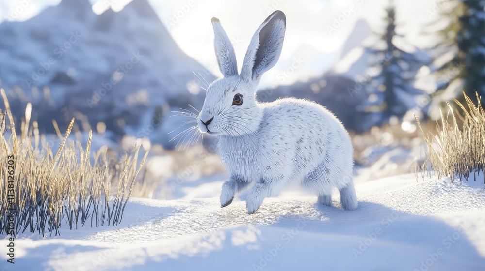 White Rabbit in Winter Landscape with Snow and Mountain Background White Rabbit in Winter Landscape with Snow and Mountain Background