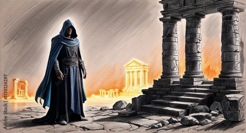 A mysterious figure in a hooded cloak standing beside a glowing ancient ruin hand drawing A mysterious figure in a hooded cloak standing beside a glowing ancient ruin hand drawing