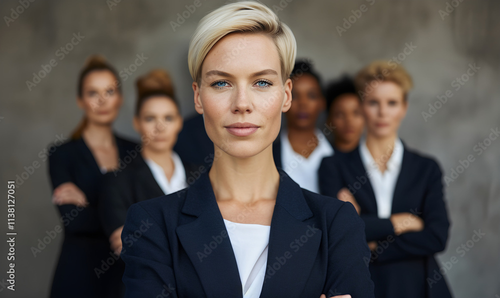 Smiling business woman leader standing in office at team meeting, business woman standing in office with work colleagues. Confident woman in formal wear stands at her workplace..