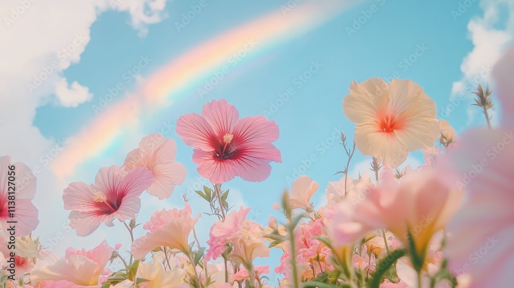 Obraz premium Pink and yellow flowers with a rainbow and blue sky