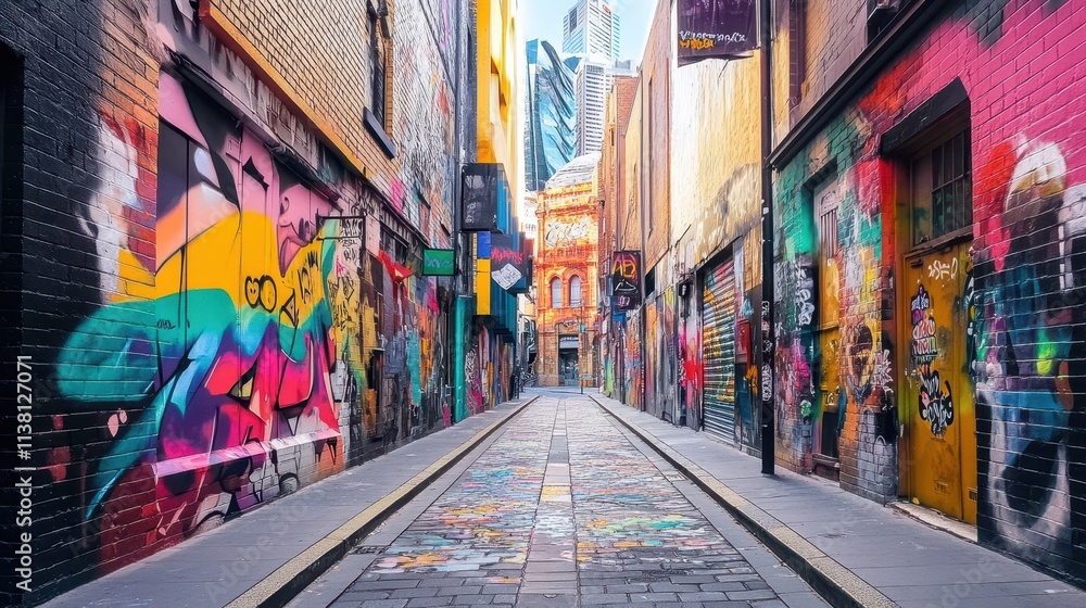 Fototapeta premium Empty urban alleyway filled with vibrant graffiti, colorful murals, and artistic street art on brick walls showcasing creative city culture