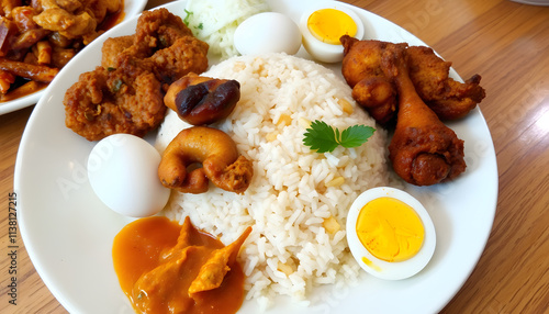 Indonesian Coconut Rice Dish with Tempeh, Eggs, and Sambal photo