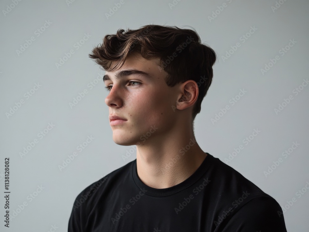 a young man poses in a studio with a neutral background a young man poses in a studio with a neutral background