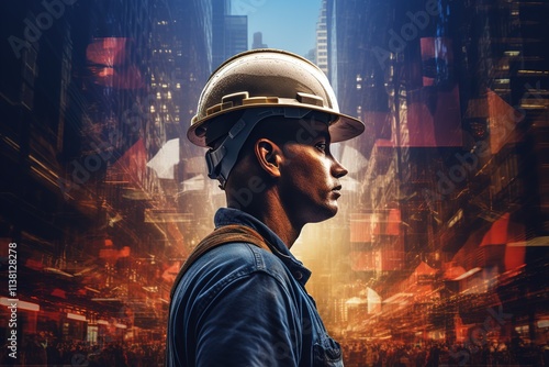 double exposure of a worker in a helmet in profile, shot close, against the background of a construction site. The concept of industrial technologies. photo