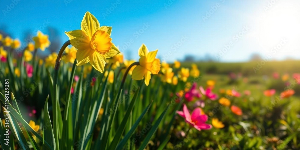 Fototapeta premium Beautiful daffodil flowers blooming in a vast field under the clear blue sky, garden, flora