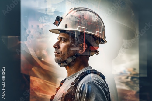 double exposure of a worker in a helmet in profile, shot close, against the background of a construction site. The concept of industrial technologies. photo