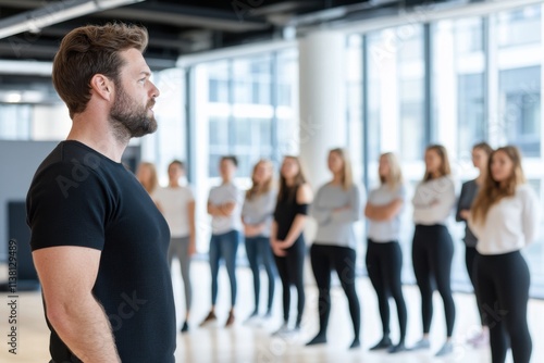 A contemplative choir conductor standing confidently in front of a group of singers, reflecting the artistry and dedication involved in musical performances and collaborations. photo