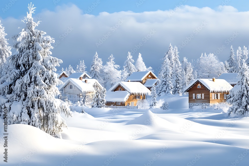 Naklejka premium Christmas village with snow-covered houses, streetlights, and a decorated tree 