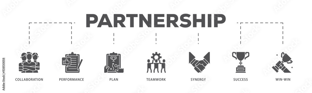 Partnership infographic icon flow process which consists of collaboration, performance, plan, teamwork, synergy, success and win-win solution icon live stroke and easy to edit . Partnership infographic icon flow process which consists of collaboration, performance, plan, teamwork, synergy, success and win-win solution icon live stroke and easy to edit .
