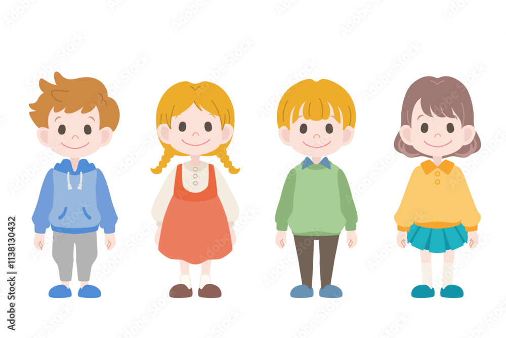 正面を向いた立ち姿の子供たち 正面を向いた立ち姿の子供たち