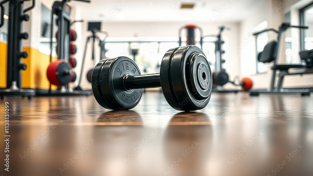 Black Dumbbell on Polished Gym Floor, Fitness Equipment, Bright Studio, Close-up, High-Quality Photo Black Dumbbell on Polished Gym Floor, Fitness Equipment, Bright Studio, Close-up, High-Quality Photo