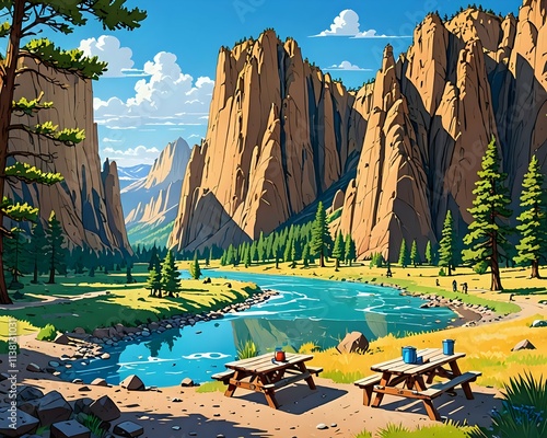 Smith Rock State Park located in central Oregon's High Desert near Redmond and Terrebonne, popular spot for rock climbing and hiking with river trail and picnic tables