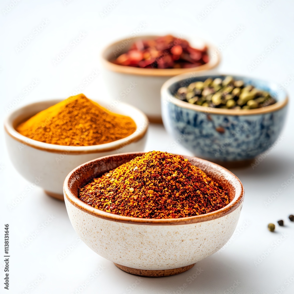 Four bowls of vibrant spices, including turmeric and red chili powder, displayed on a white background, showcasing the colors and textures that enhance culinary creations. Four bowls of vibrant spices, including turmeric and red chili powder, displayed on a white background, showcasing the colors and textures that enhance culinary creations.