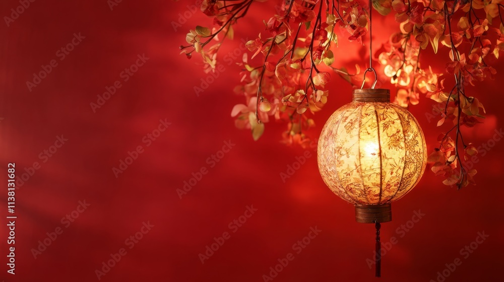 Happy chinese new year, year of the dragon zodiac sign hanging beautiful lantern and flowers on red background. with Copy space