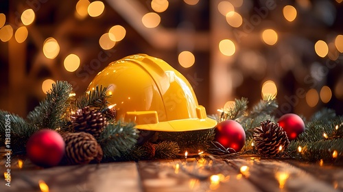 Construction safety helmet decorated with Christmas elements including pine branches, pinecones, and red baubles, photographed against warm bokeh lights on wooden surface. photo