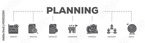 Planning infographic icon flow process which consists of concept, analysis, checklist, leadership, strategy, delegate and goals icon live stroke and easy to edit .