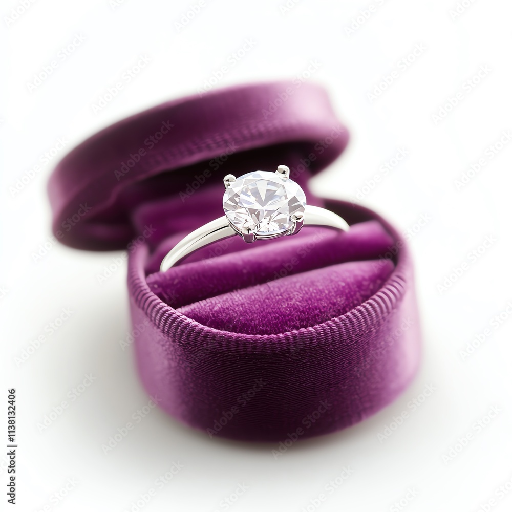 An elegant diamond engagement ring displayed in a luxurious purple velvet box against a white background, symbolizing love and commitment. An elegant diamond engagement ring displayed in a luxurious purple velvet box against a white background, symbolizing love and commitment.