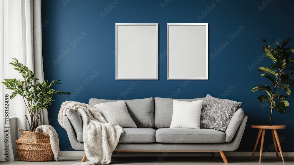 White frames on a deep blue wall, a cozy gray sofa in the foreground White frames on a deep blue wall, a cozy gray sofa in the foreground