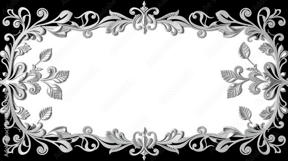Elegant and intricate luxury silver leaves lace border and background for design projects, shiny, decorative, silver Elegant and intricate luxury silver leaves lace border and background for design projects, shiny, decorative, silver