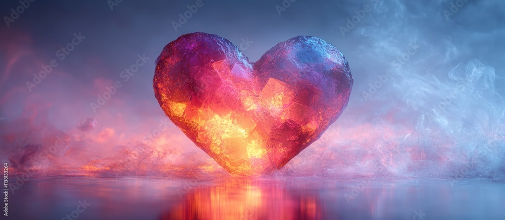 Fiery crystal heart in smoky, colorful landscape. Fiery crystal heart in smoky, colorful landscape.