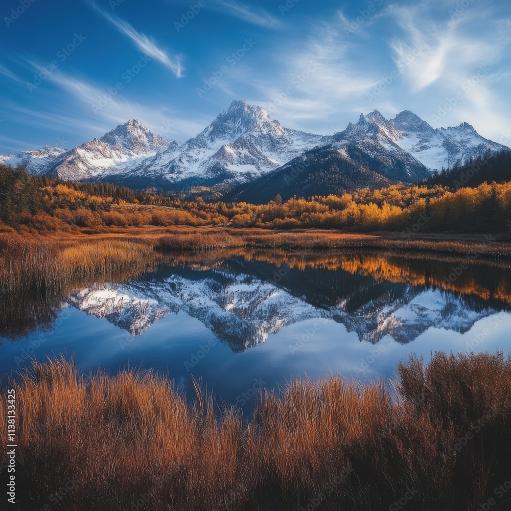 Obraz premium snow capped mountains reflected in a lake with fall foliage