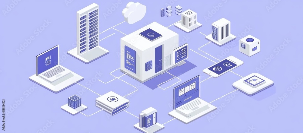 Network infrastructure isometric illustration showing interconnected devices and cloud computing. Network infrastructure isometric illustration showing interconnected devices and cloud computing.