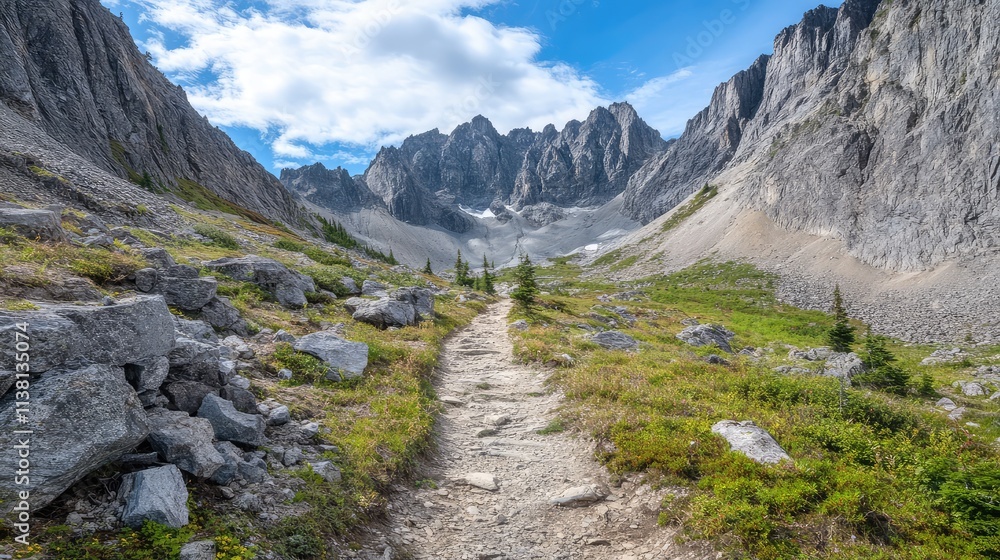 Fototapeta premium Scenic Mountain Trail Surrounded by Rugged Peaks and Lush Greenery
