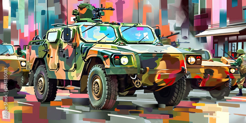 Camouflage Armored Car and Military Vehicle Convoy Illustration