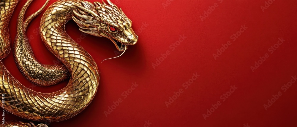Obraz premium Majestic Golden Dragon on Red Background: Chinese New Year Symbol