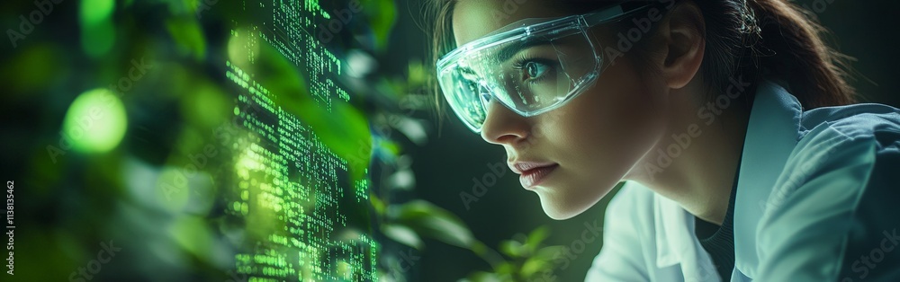 Female Scientist Examining Plants with Futuristic Holographic Data Female Scientist Examining Plants with Futuristic Holographic Data