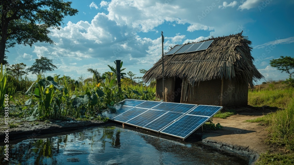 Solar panels provide sustainable energy for rural home in a vibrant landscape during a sunny day Solar panels provide sustainable energy for rural home in a vibrant landscape during a sunny day