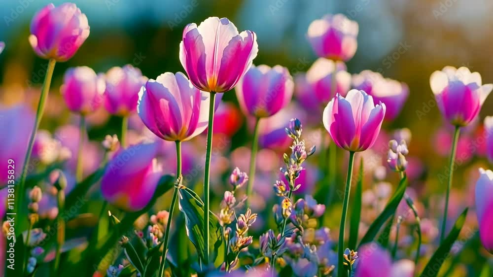 Colorful tulip field blooming under the warm sunlight during spring season in a serene garden landscape Colorful tulip field blooming under the warm sunlight during spring season in a serene garden landscape