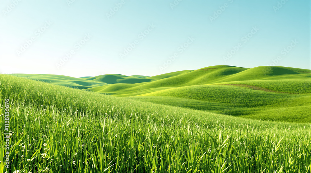 Scenic view of rolling green hills covered with lush grass under a bright blue sky, natural style, showcasing serenity and beauty of nature. Ai generative