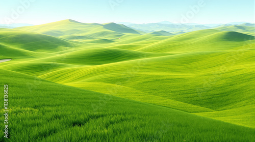 A lush expanse of rolling green hills covered in grass under a bright blue sky. Smooth, vibrant landscape concept. Ai generative