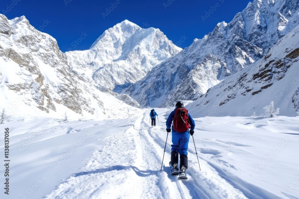 A captivating snowy scene featuring two skiers amidst dramatic mountain peaks, highlighting the thrill of winter sports and the stunning beauty of nature in perfect harmony. A captivating snowy scene featuring two skiers amidst dramatic mountain peaks, highlighting the thrill of winter sports and the stunning beauty of nature in perfect harmony.