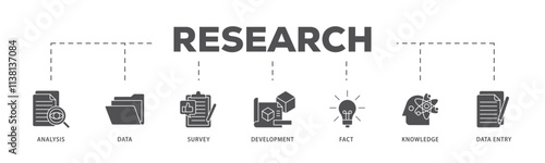 Research infographic icon flow process which consists of analysis, data, survey, development, fact, knowledge and data entry icon live stroke and easy to edit .