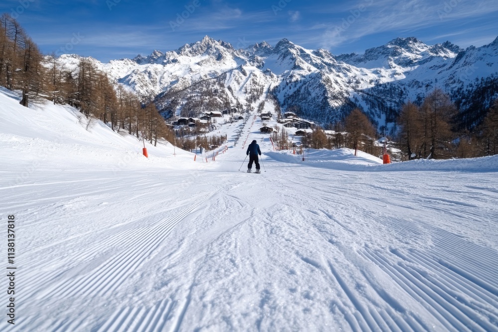 A lone skier glides down an exquisitely groomed slope, set against the stunning backdrop of towering mountains and vibrant blue skies, an embodiment of winter sports elegance. A lone skier glides down an exquisitely groomed slope, set against the stunning backdrop of towering mountains and vibrant blue skies, an embodiment of winter sports elegance.