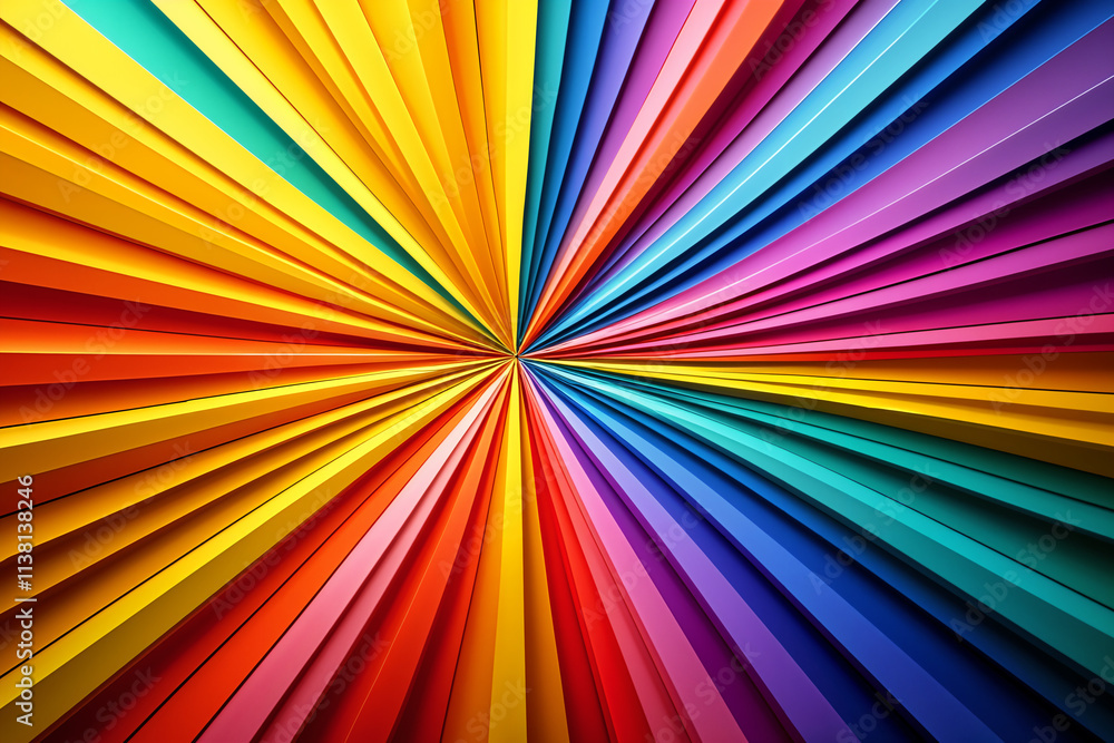 Fototapeta premium A vibrant, colorful abstract design composed of numerous thin strips or ribbons radiating outward from the center, creating a sense of movement and energy.