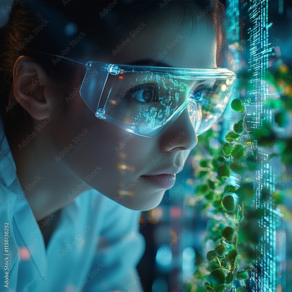 Focused Scientist Analyzing Plants with Futuristic Hologram Focused Scientist Analyzing Plants with Futuristic Hologram